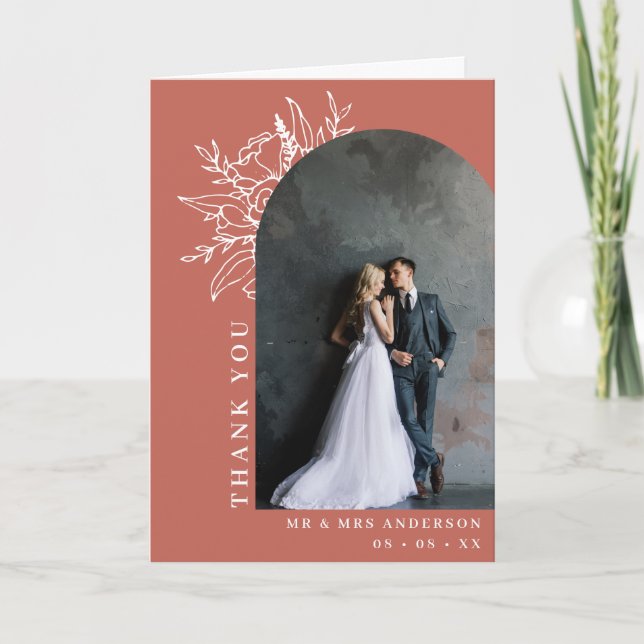 Boho Terracotta Floral Arch Photo Wedding Folded Thank You Card (Front)