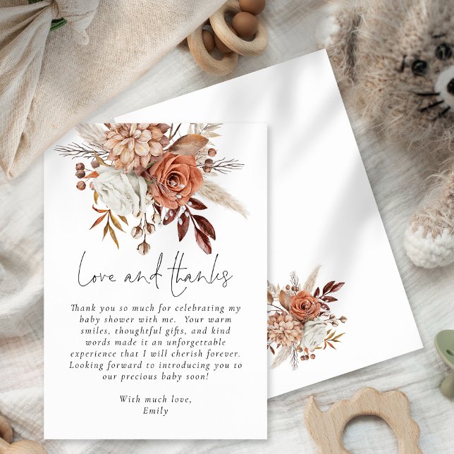 Boho Terracotta Floral Baby Shower Thank You Card (Front and back view)