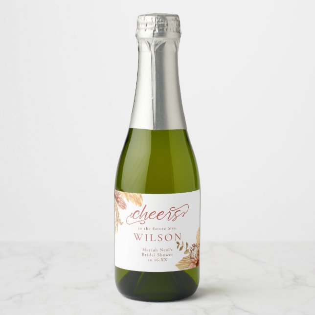  Boho Terracotta floral Bridal Shower Sparkling Wine Label (Front)