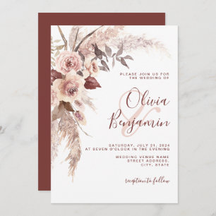 Boho Terracotta Floral Champagne Neutral Wedding Invitation