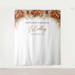 Boho terracotta floral copper pampas grass wedding tapestry