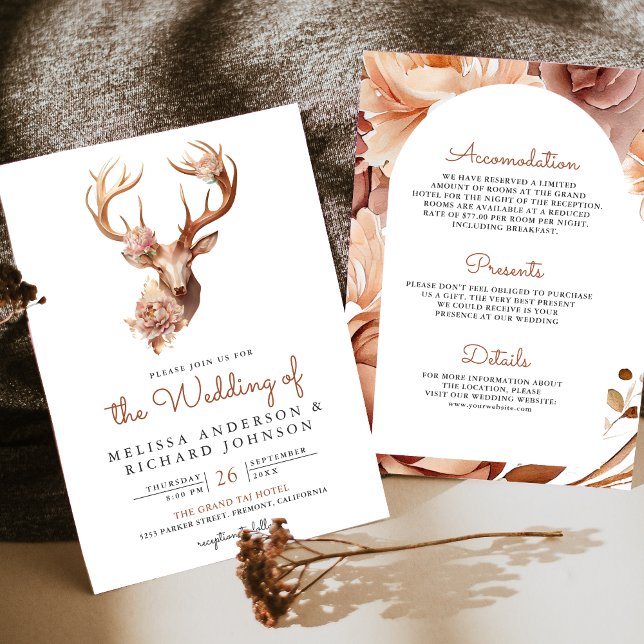 Boho Terracotta Floral Deer All in One Wedding Invitation (Creator Uploaded)