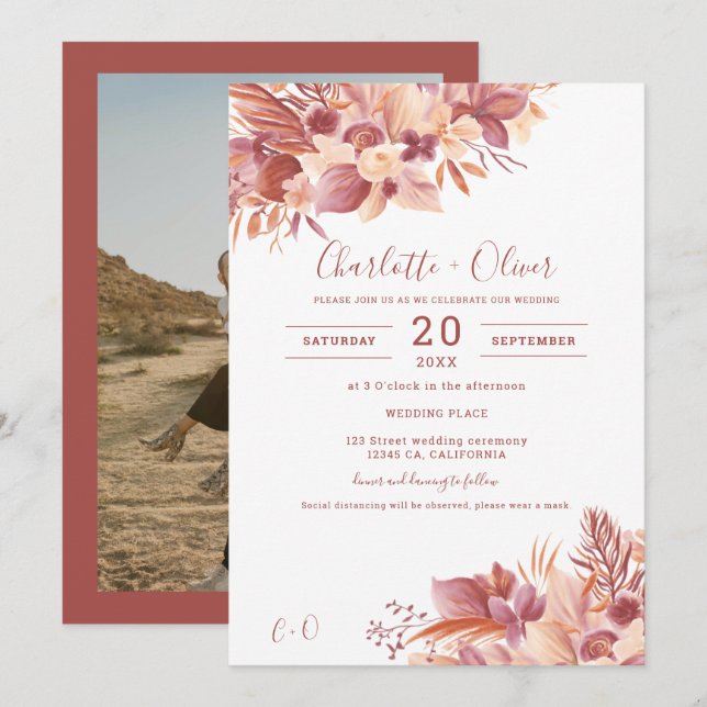 Boho terracotta floral desert pampas photo wedding invitation (Front/Back)