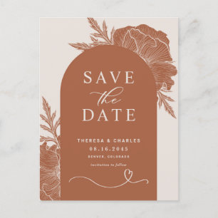 Boho Terracotta Floral Line Arch Save the Date Announcement Postcard