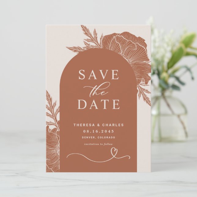 Boho Terracotta Floral Line Art Arch Save The Date (Standing Front)
