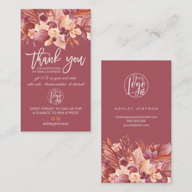 Boho terracotta floral logo order thank you busine business card (Front/Back)