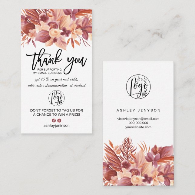 Boho terracotta floral logo order thank you business card (Front/Back)