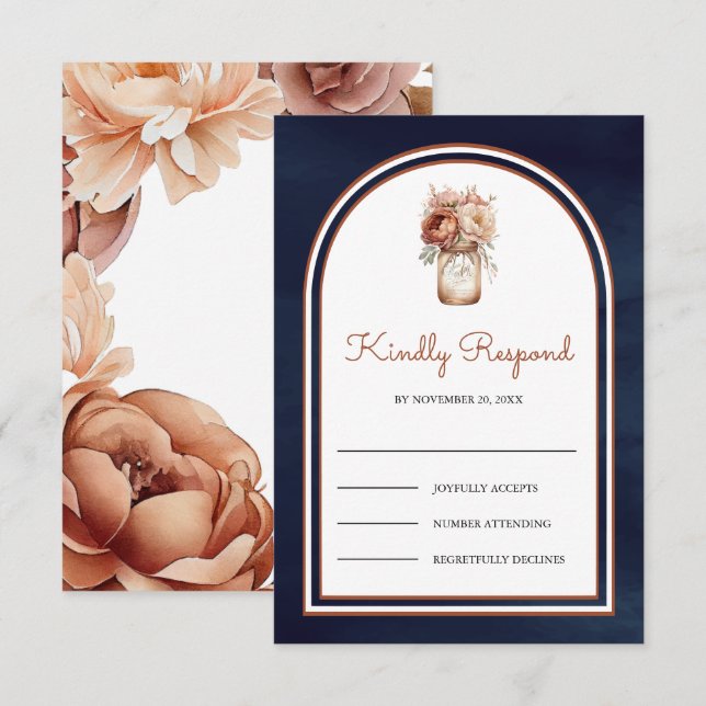 Boho Terracotta Floral Mason Jar Navy Blue Wedding RSVP Card (Front/Back)