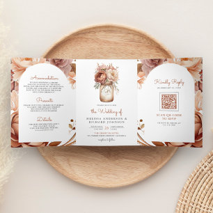Boho Terracotta Floral Mason Jar QR Code Wedding Tri-Fold Invitation