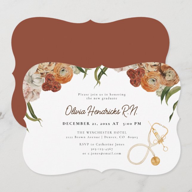 Boho Terracotta Floral Nurse Graduation Invitation (Front/Back)