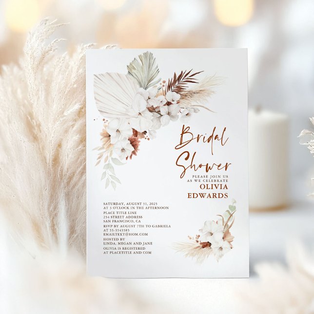 Boho Terracotta Floral Pampas Grass Bridal Shower Invitation (Boho Bridal Shower Invitations)