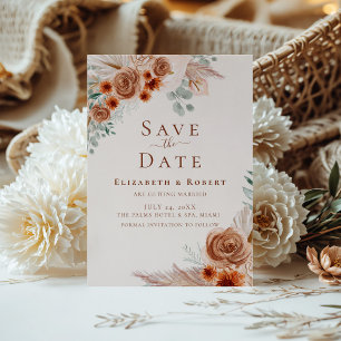 Boho Terracotta Floral Pampas Grass Save the Date Invitation