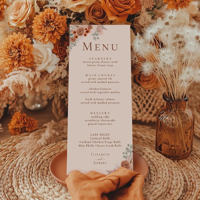 Boho Terracotta Floral Pampas Grass Wedding Menu (Boho Terracotta Floral Pampas Grass Wedding Menu on a boho table with terracotta dry flowers)