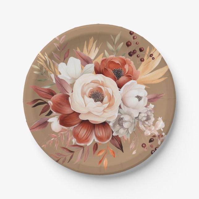 Boho Terracotta Floral Party Paper Plate (Front)