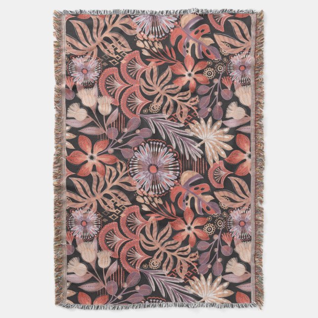 Boho Terracotta Floral Pattern Throw Blanket (Front Vertical)