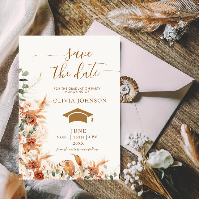 Boho Terracotta Floral Photo Graduation  Save The Date (Creator Uploaded)