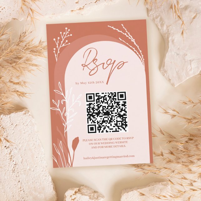 Boho terracotta floral Qr code script arch wedding RSVP Card (Creator Uploaded)