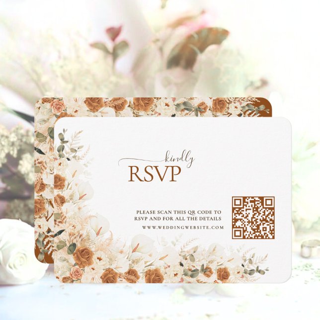 Boho Terracotta Floral QR Code Wedding RSVP card (Creator Uploaded)