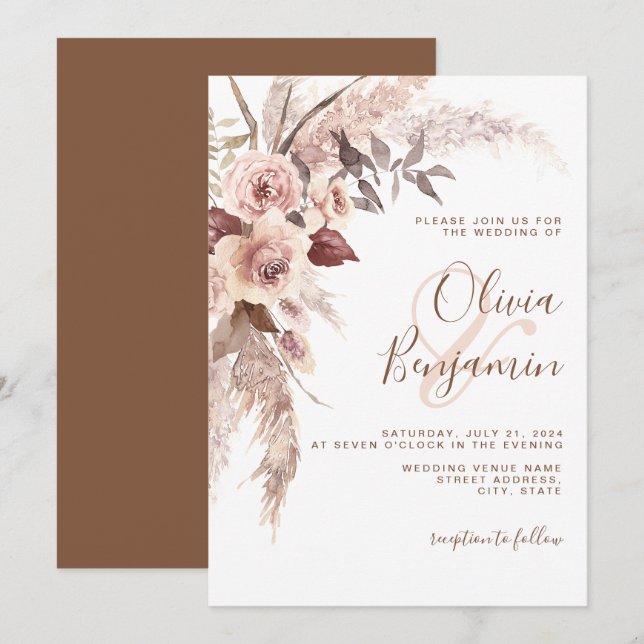 Boho Terracotta Floral Rust Cream Neutral Wedding Invitation (Front/Back)