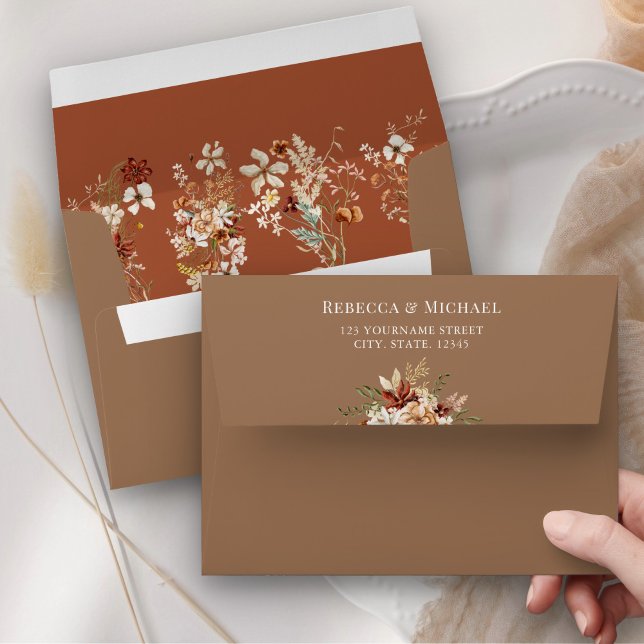 Boho Terracotta Floral Wildflower Beige Wedding Envelope (Creator Uploaded)