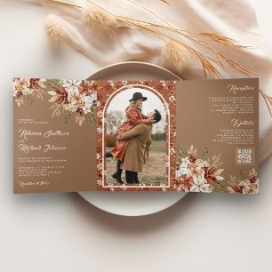 Boho Terracotta Floral Wildflower Beige Wedding Tri-Fold Invitation