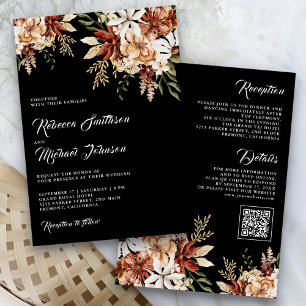 Boho Terracotta Floral Wildflower Black Wedding Invitation