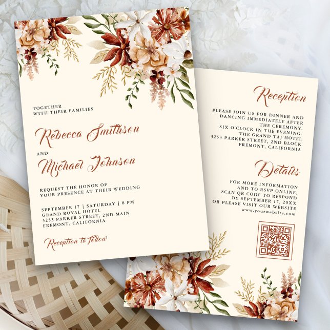 Boho Terracotta Floral Wildflower Cream Wedding Invitation (Creator Uploaded)
