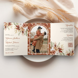Boho Terracotta Floral Wildflower Cream Wedding Tri-Fold Invitation