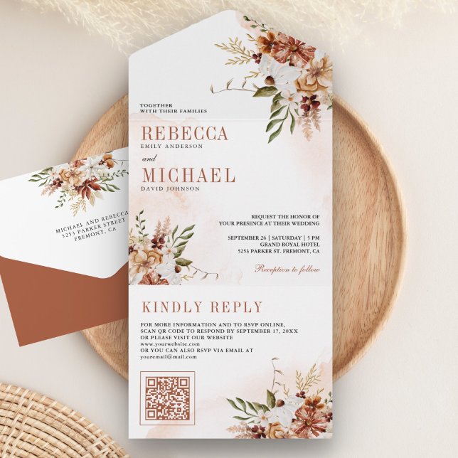 Boho Terracotta Floral Wildflower White Wedding All In One Invitation (Creator Uploaded)