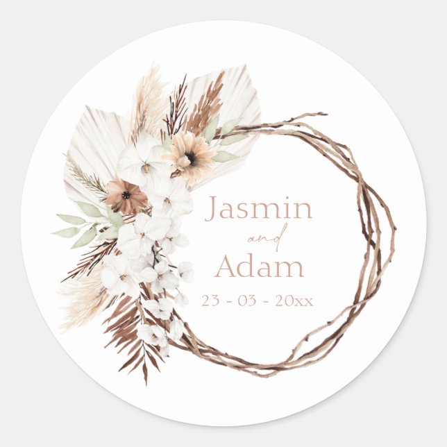 Boho Terracotta Floral Wreath Wedding Classic Round Sticker (Front)