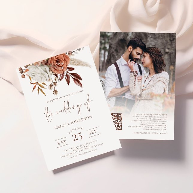 Boho Terracotta Florals Photo QR Code Wedding Invitation (Front and back view)