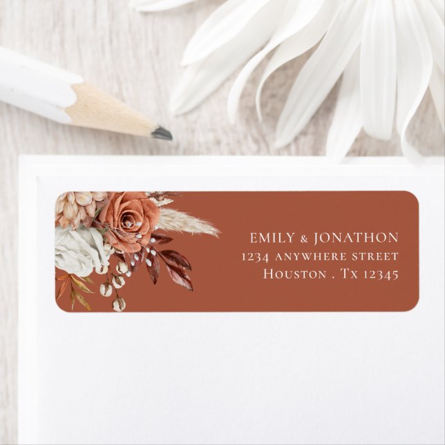 Boho Terracotta Florals Rust Name Return Address (Insitu)