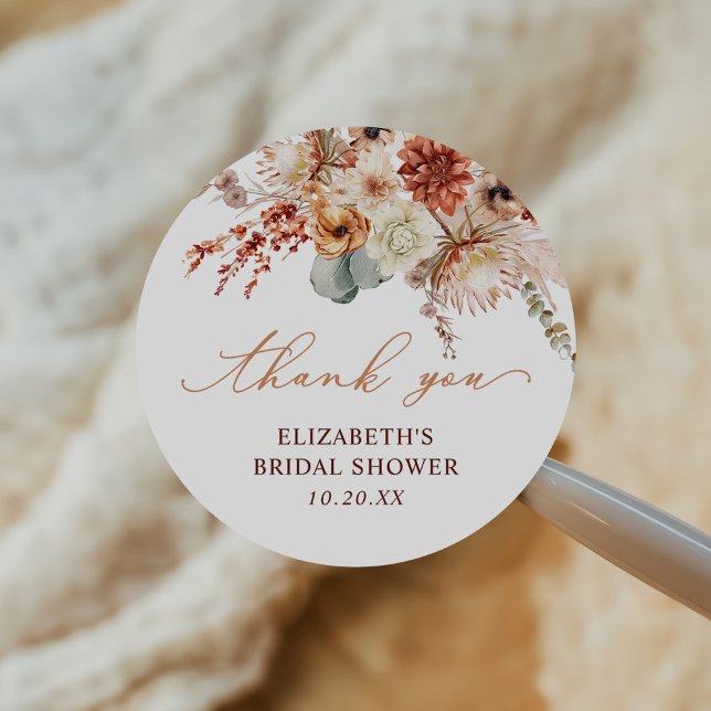 Boho Terracotta Flowers Fall Bridal Shower Classic Round Sticker (Creator Uploaded)