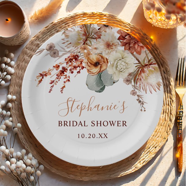 Boho Terracotta Flowers Fall Bridal Shower Paper Plate (Creator Uploaded)