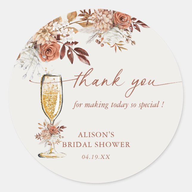 Boho Terracotta Gold Champagne Bridal Shower Classic Round Sticker (Front)