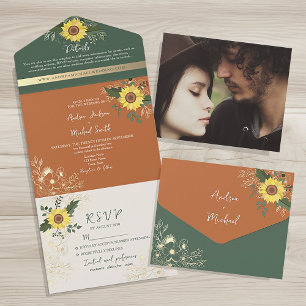 Boho Terracotta Green Wedding All In One Invitation