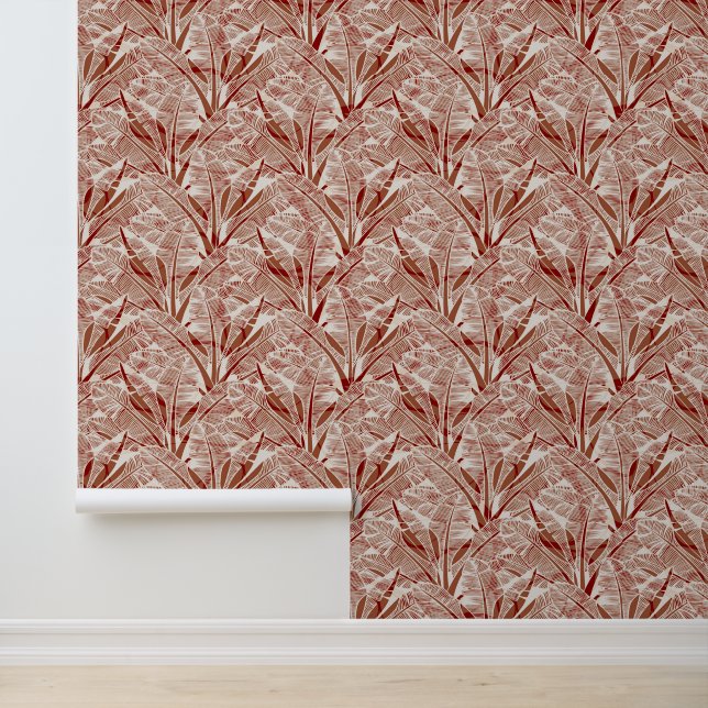 Boho Terracotta Grey Leaf Print Pattern Wallpaper (Application)