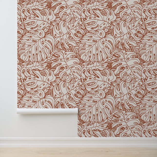 Boho Terracotta Grey Palm Leaf Print Pattern Wallpaper (Application)