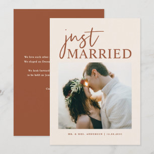 Boho Terracotta Handwritten Just Married Photo Announcement