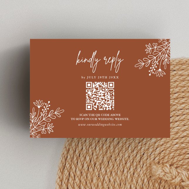 Boho Terracotta Kindly Reply Wedding QR Code RSVP Card (Boho terracotta QR code RSVP card makes replies easy while adding warm rustic charm.)