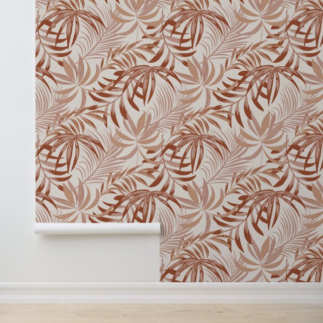 Boho Terracotta Leaf Print Pattern Wallpaper (Application)