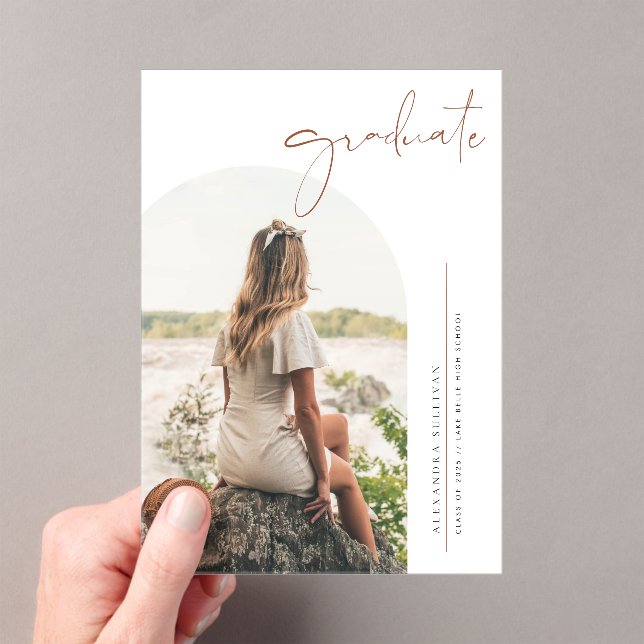 Boho Terracotta Minimalist Arch Photo Graduation Acrylic Invitations (Insitu (Handheld))