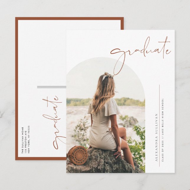 Boho Terracotta Minimalist Arch Photo Graduation Announcement Postcard (Front/Back)