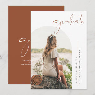 Boho Terracotta Minimalist Arch Photo Graduation Invitation