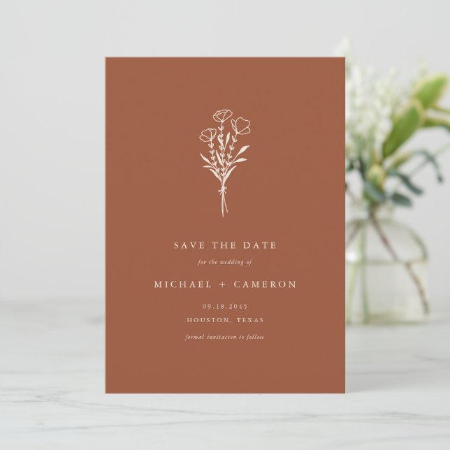 Boho Terracotta Minimalist Botanical Bouquet Save The Date (Standing Front)
