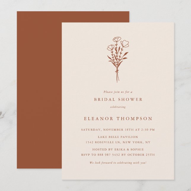 Boho Terracotta Minimalist Floral Bridal Shower Invitation (Front/Back)