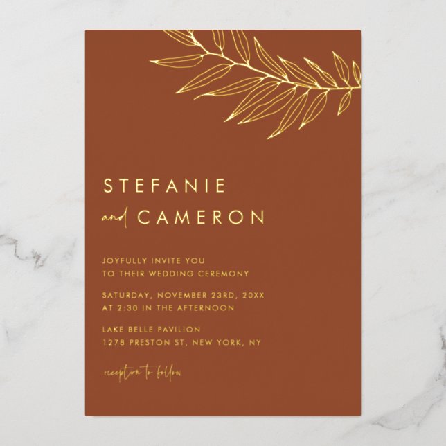 Boho Terracotta Minimalist Foliage Leaf Wedding (Front)