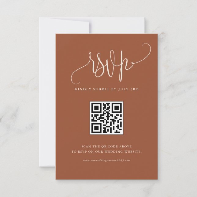 Boho Terracotta Modern Calligraphy Wedding QR Code RSVP Card (Front)