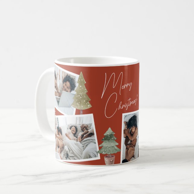 Boho Terracotta Multi photo Christmas Pine Tree Coffee Mug (Front Left)