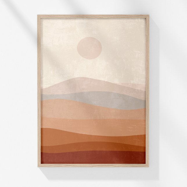 Boho Terracotta Neutral Abstract Landscape Art Poster (Boho Terracotta Neutral Abstract Landscape Art Poster in a wooden frame on a sunny white wall.)